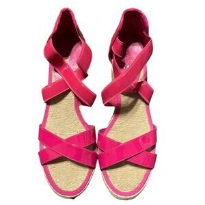 LAUREN RALPH LAUREN Hot Pink Leather Cortney Espadrille Wedge Sandals Sz 8